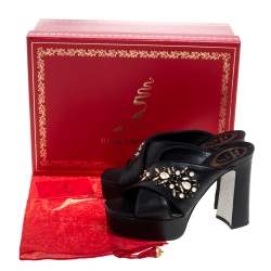 René Caovilla Black Leather Crystal Embellished Cross Strap Peep Toe Platform Mules Size 38
