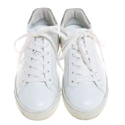 Pre Owned Rene Caovilla White Leather Crystal Embellished Lace Up Sneakers Size 38