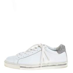 Pre Owned Rene Caovilla White Leather Crystal Embellished Lace Up Sneakers Size 38