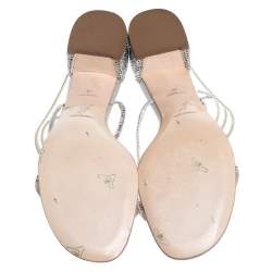 Pre Owned Rene Caovilla Silver Satin and Leather Cleo Crystal Embellished Sandals Size 40