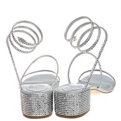 Pre Owned Rene Caovilla Silver Satin and Leather Cleo Crystal Embellished Sandals Size 40