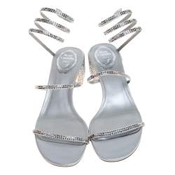 Pre Owned Rene Caovilla Silver Satin and Leather Cleo Crystal Embellished Sandals Size 40