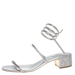Pre Owned Rene Caovilla Silver Satin and Leather Cleo Crystal Embellished Sandals Size 40
