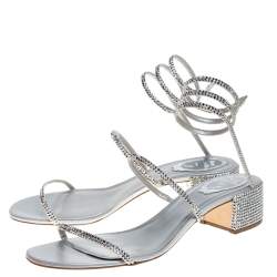 Pre Owned Rene Caovilla Silver Satin and Leather Cleo Crystal Embellished Sandals Size 40