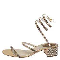 Rene Caovilla Metallic Gold Crystal Embellished Ankle Wrap Sandals Size 39