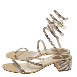 Rene Caovilla Metallic Gold Crystal Embellished Ankle Wrap Sandals Size 39