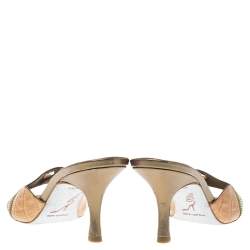 Pre Owned Rene Caovilla Brown/Olive Green Alligator Leather And Satin Crystal Embellished Open Toe Sandals Size 37