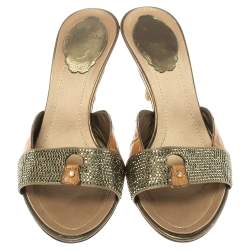 Pre Owned Rene Caovilla Brown/Olive Green Alligator Leather And Satin Crystal Embellished Open Toe Sandals Size 37