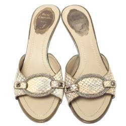 Rene Caovilla Cream Python Crystal Embellished Slide Sandals Size 37