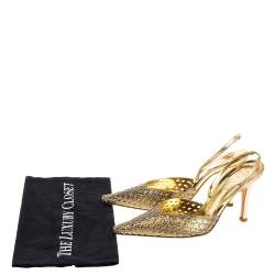 Pre Owned Rene Caovilla Metallic Gold Leather Embellished Slingback Pumps Size 37