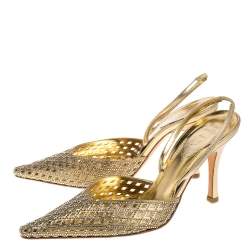 Pre Owned Rene Caovilla Metallic Gold Leather Embellished Slingback Pumps Size 37
