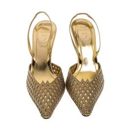 Pre Owned Rene Caovilla Metallic Gold Leather Embellished Slingback Pumps Size 37