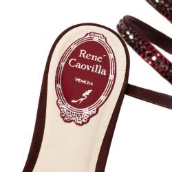 مملوكة مسبقًا René Caovilla Burgundy Satin Crystal Embellished Ankle Wrap Pointed Toe Flats Size 37