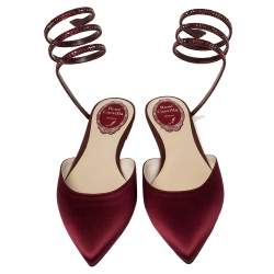 مملوكة مسبقًا René Caovilla Burgundy Satin Crystal Embellished Ankle Wrap Pointed Toe Flats Size 37