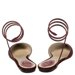 مملوكة مسبقًا René Caovilla Burgundy Satin Crystal Embellished Ankle Wrap Pointed Toe Flats Size 37