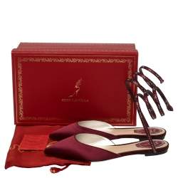 مملوكة مسبقًا René Caovilla Burgundy Satin Crystal Embellished Ankle Wrap Pointed Toe Flats Size 37