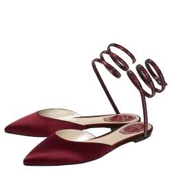 مملوكة مسبقًا René Caovilla Burgundy Satin Crystal Embellished Ankle Wrap Pointed Toe Flats Size 37