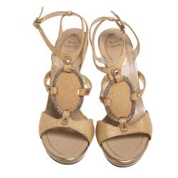 Pre Owned René Caovilla Beige Glitter Cork Embellished Ankle Strap Sandals Size 38