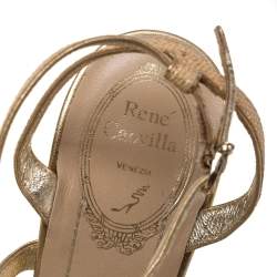 Pre Owned René Caovilla Beige Glitter Cork Embellished Ankle Strap Sandals Size 38
