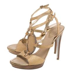 Pre Owned René Caovilla Beige Glitter Cork Embellished Ankle Strap Sandals Size 38