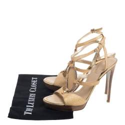 Pre Owned René Caovilla Beige Glitter Cork Embellished Ankle Strap Sandals Size 38