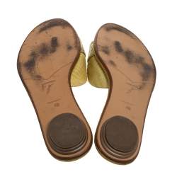Rene Caovilla Yellow Lizard Embossed Leather And Satin Crystal Embellished Thong Flat Slides Size 40