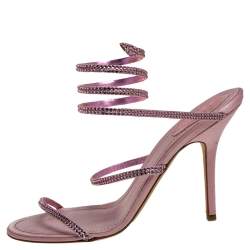 Pre Owned René Caovilla Pink Satin Crystal Embellished Ankle Wrap Open Toe Sandals Size 40