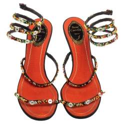 مملوكة مسبقًا René Caovilla Orange/Black Satin Embellished Ankle Wrap Sandals Size 39.5