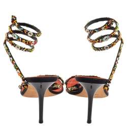 مملوكة مسبقًا René Caovilla Orange/Black Satin Embellished Ankle Wrap Sandals Size 39.5
