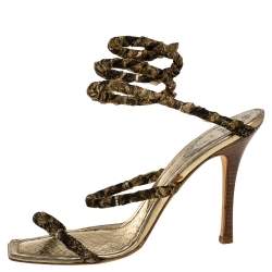 مملوكة مسبقًا René Caovilla Gold/Brown Fabric And Leather Crystal Embellishment Cleo Spiral Sandals Size 40