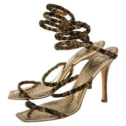 مملوكة مسبقًا René Caovilla Gold/Brown Fabric And Leather Crystal Embellishment Cleo Spiral Sandals Size 40