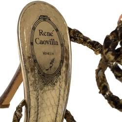 مملوكة مسبقًا René Caovilla Gold/Brown Fabric And Leather Crystal Embellishment Cleo Spiral Sandals Size 40