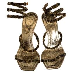 مملوكة مسبقًا René Caovilla Gold/Brown Fabric And Leather Crystal Embellishment Cleo Spiral Sandals Size 40