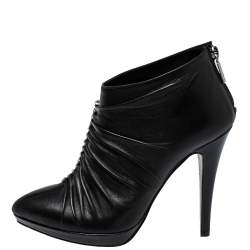 Pre Owned Rene Caovilla Black Pleated Leather Crystal Embellished Ankle Boots Size 37