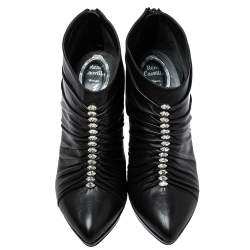 Pre Owned Rene Caovilla Black Pleated Leather Crystal Embellished Ankle Boots Size 37