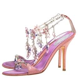 Pre Owned René Caovilla Pink/Purple Lizard Embossed Leather Floral Embellished Anklet Sandals Size 39