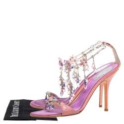 Pre Owned René Caovilla Pink/Purple Lizard Embossed Leather Floral Embellished Anklet Sandals Size 39