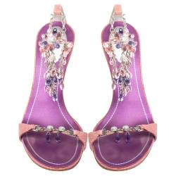 Pre Owned René Caovilla Pink/Purple Lizard Embossed Leather Floral Embellished Anklet Sandals Size 39