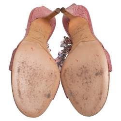 Pre Owned René Caovilla Pink/Purple Lizard Embossed Leather Floral Embellished Anklet Sandals Size 39