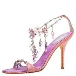 Pre Owned René Caovilla Pink/Purple Lizard Embossed Leather Floral Embellished Anklet Sandals Size 39