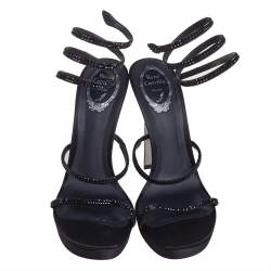 Pre Owned René Caovilla Black Satin Ankle Wrap Cleo Sandals Size 40