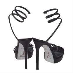 Pre Owned René Caovilla Black Satin Ankle Wrap Cleo Sandals Size 40