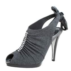 René Caovilla Grey Fabric Crystal Embellished Ankle Tie Slingback Sandals Size 38