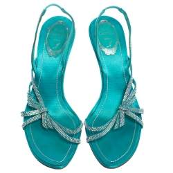 مملوكة مسبقًا René Caovilla Blue Satin Crystal Embellished Strappy Slingback Sandals Size 38.5