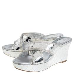 Rene Caovilla Metallic Silver Textured Leather Wedge Platform Slide Sandals Size 37