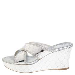 Rene Caovilla Metallic Silver Textured Leather Wedge Platform Slide Sandals Size 37