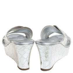 Rene Caovilla Metallic Silver Textured Leather Wedge Platform Slide Sandals Size 37