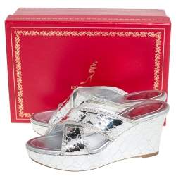 Rene Caovilla Metallic Silver Textured Leather Wedge Platform Slide Sandals Size 37