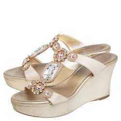 Rene Caovilla Gold Glitter Nubuck Embellished Wedge Platform Slide Sandals Size 37