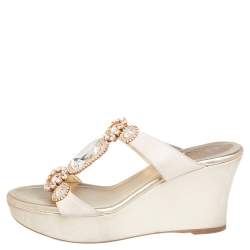 Rene Caovilla Gold Glitter Nubuck Embellished Wedge Platform Slide Sandals Size 37
